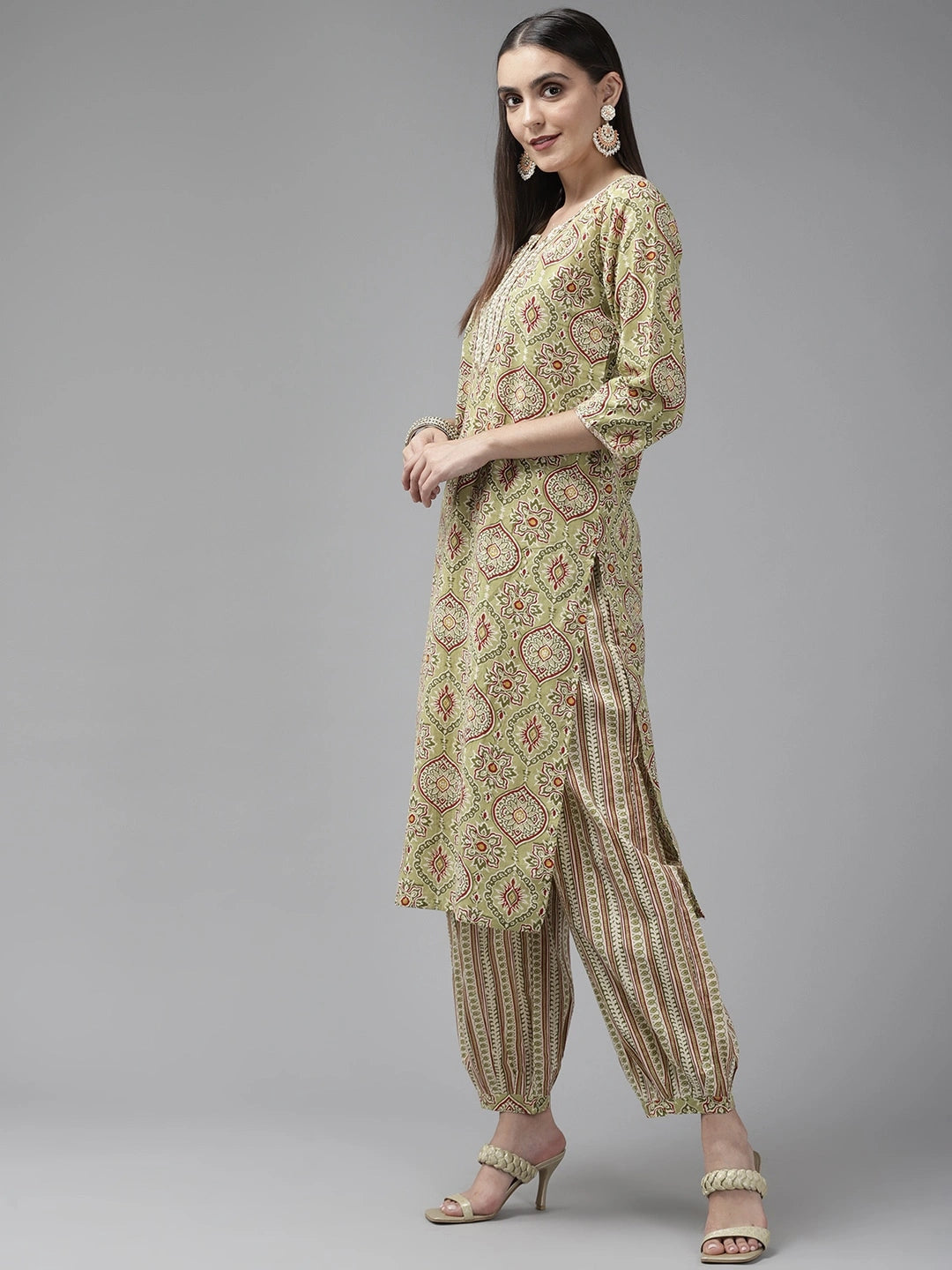 Green Ethnic Printed Dupatta Set-Yufta Store-9622SKDGRS