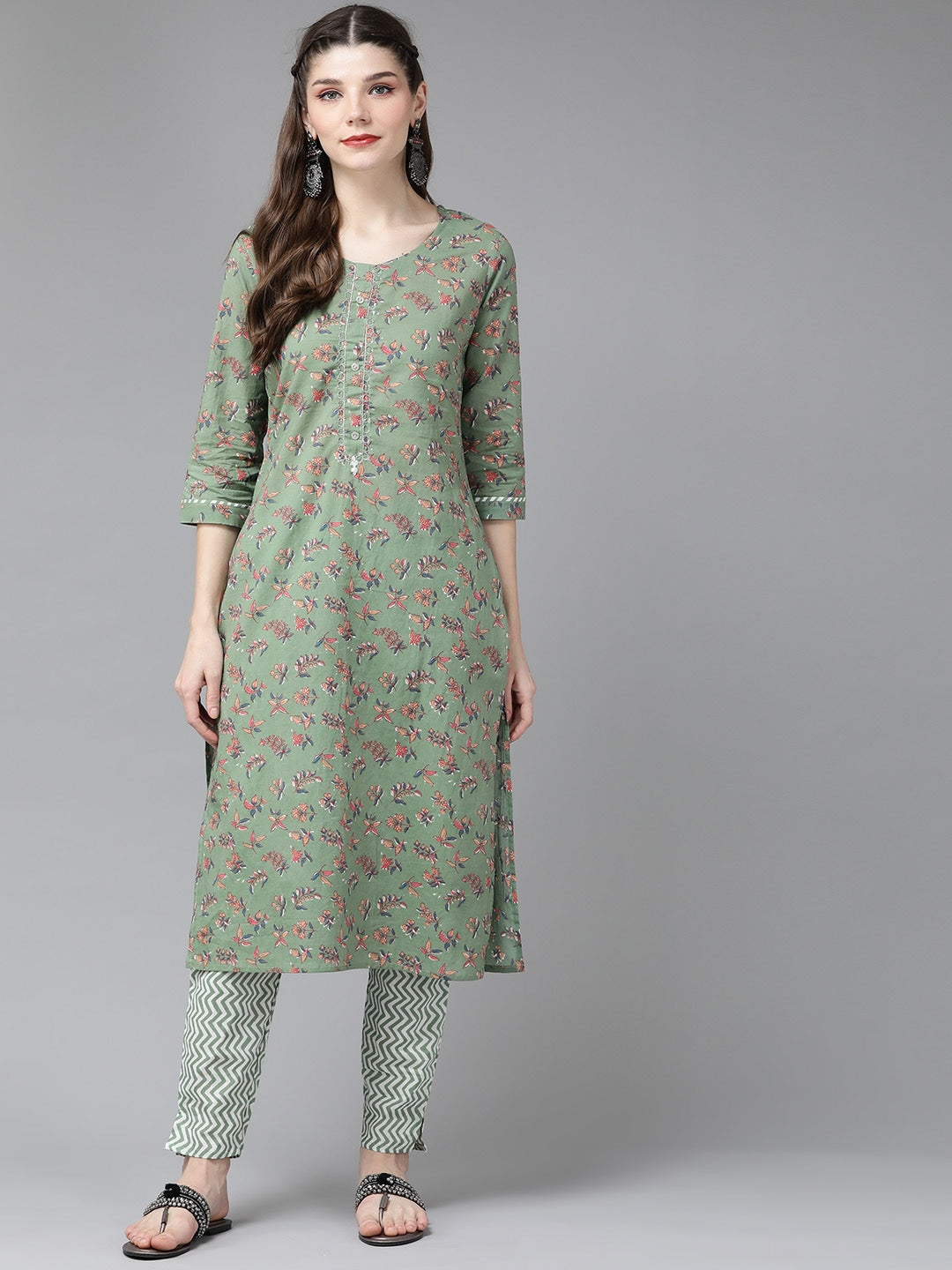 Green Ethnic Printed Kurta Set-Yufta Store-4710SETGRS