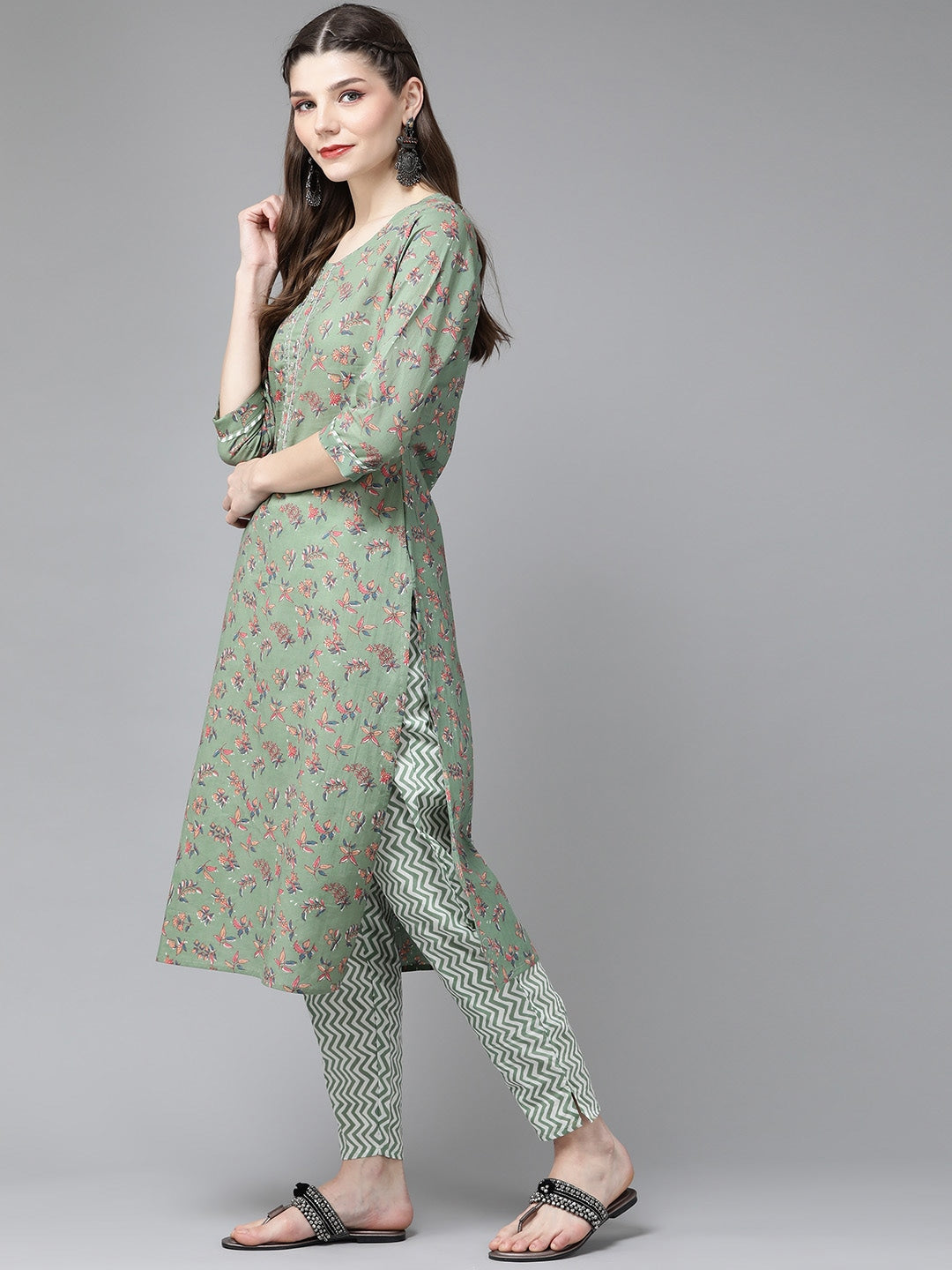 Green Ethnic Printed Kurta Set-Yufta Store-4710SETGRS