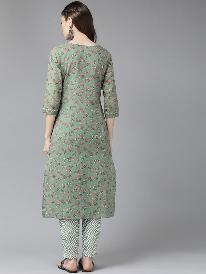 Green Ethnic Printed Kurta Set-Yufta Store-4710SETGRS