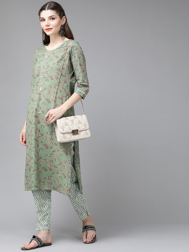 Green Ethnic Printed Kurta Set-Yufta Store-4710SETGRS