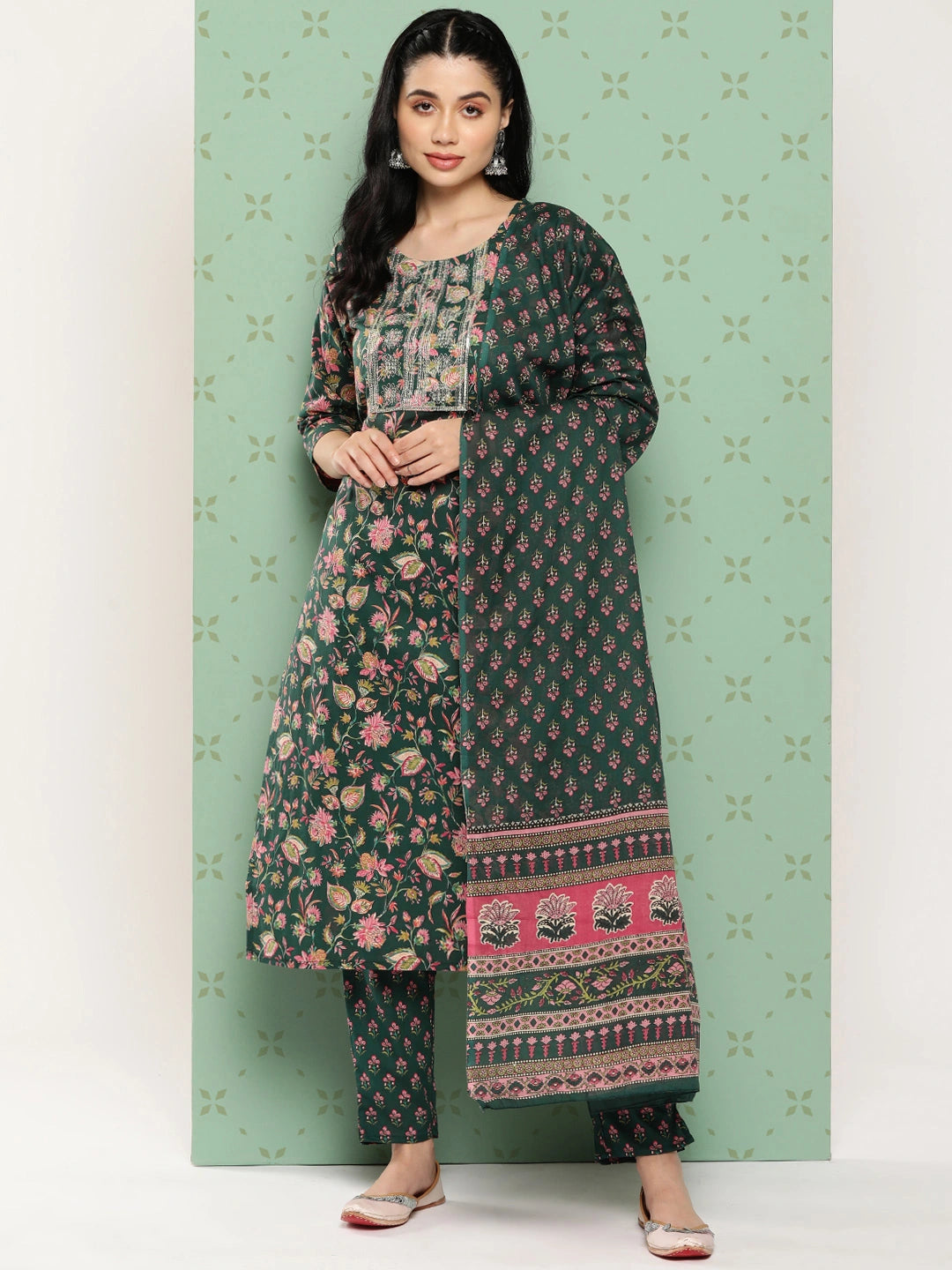 Green Floral Embroidered Pure Cotton Kurta with Trousers & Dupatta Set