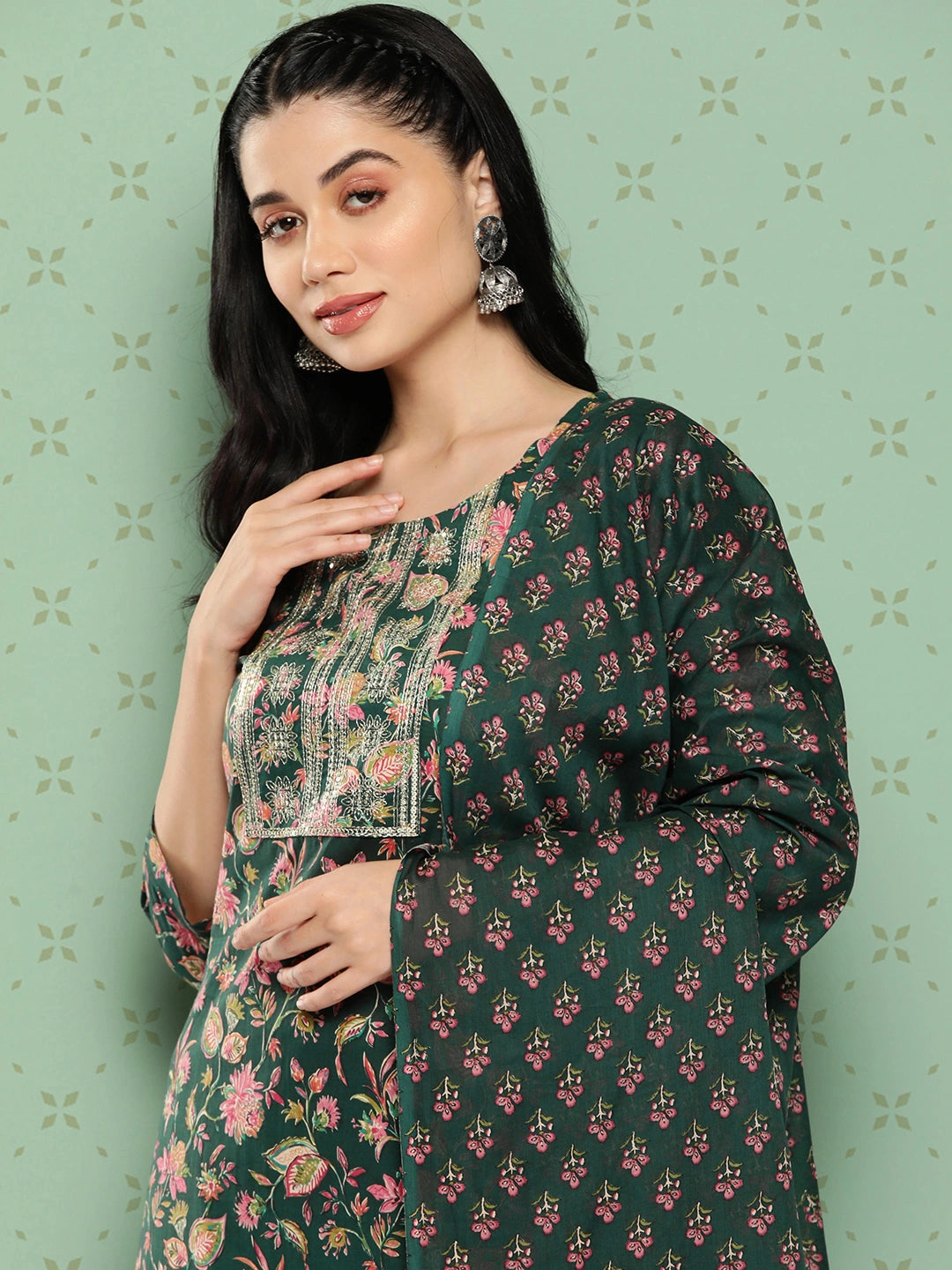 Green Floral Embroidered Pure Cotton Kurta with Trousers & Dupatta Set