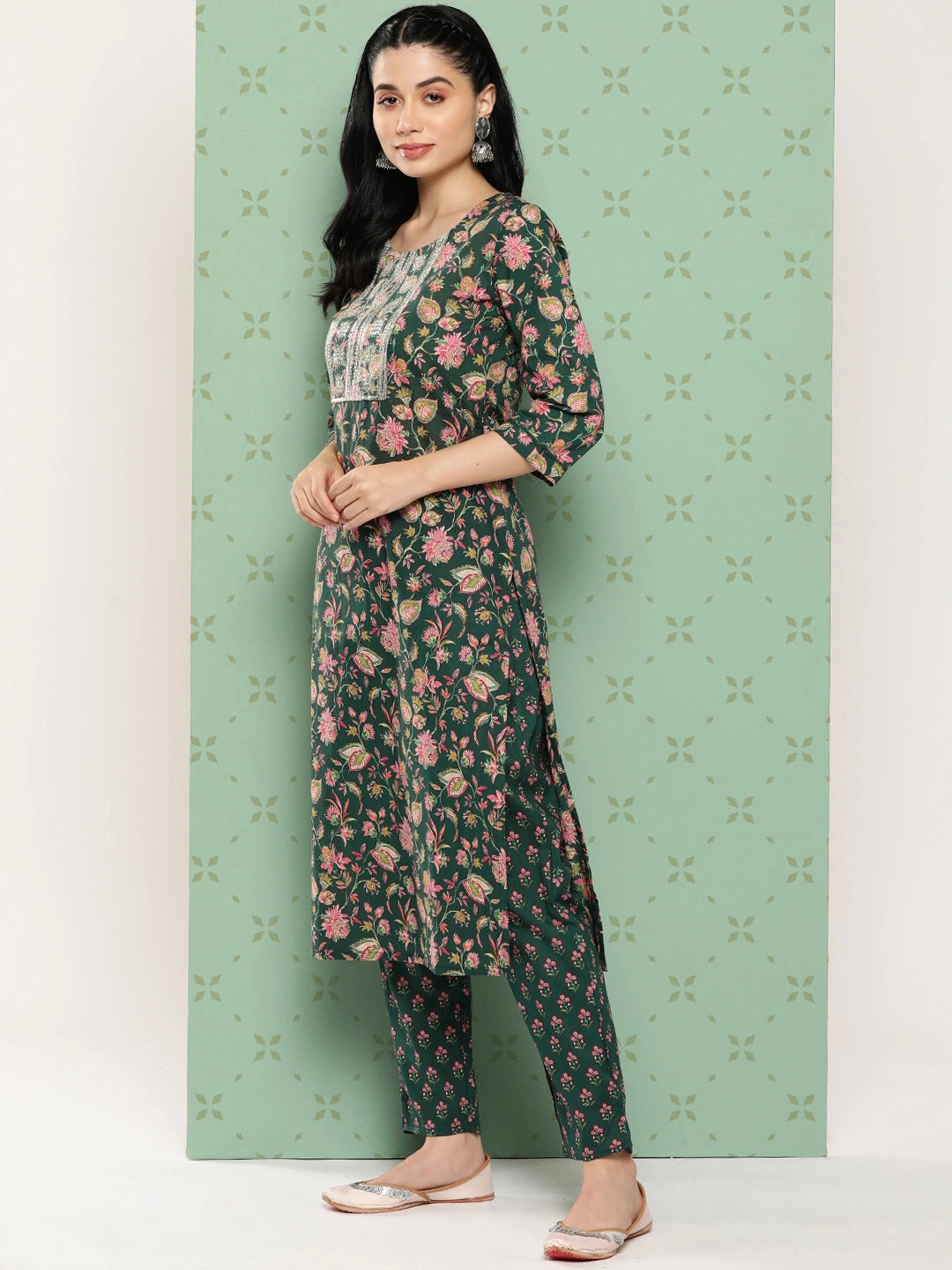 Green Floral Embroidered Pure Cotton Kurta with Trousers & Dupatta Set