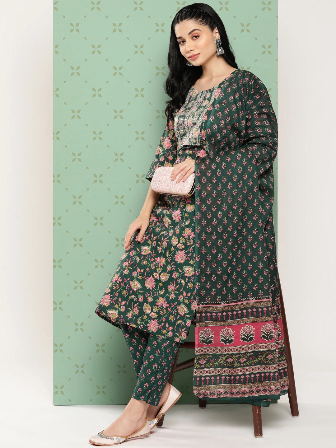 Green Floral Embroidered Pure Cotton Kurta with Trousers & Dupatta Set