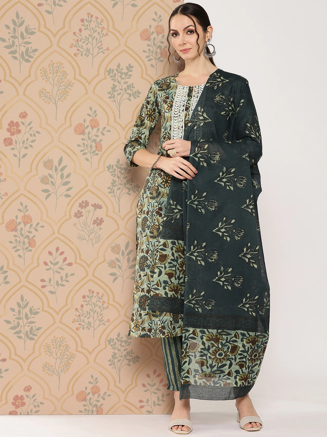 Green Floral Embroidered Regular Pure Cotton Kurta with Trousers & With Dupatta Set-Yufta Store-1442SKDTBS