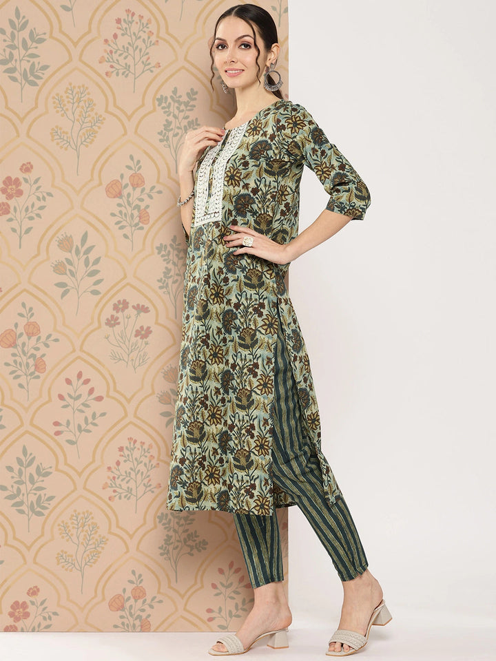 Green Floral Embroidered Regular Pure Cotton Kurta with Trousers & With Dupatta Set-Yufta Store-1442SKDTBS