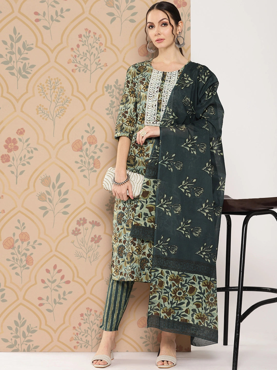Green Floral Embroidered Regular Pure Cotton Kurta with Trousers & With Dupatta Set-Yufta Store-1442SKDTBS