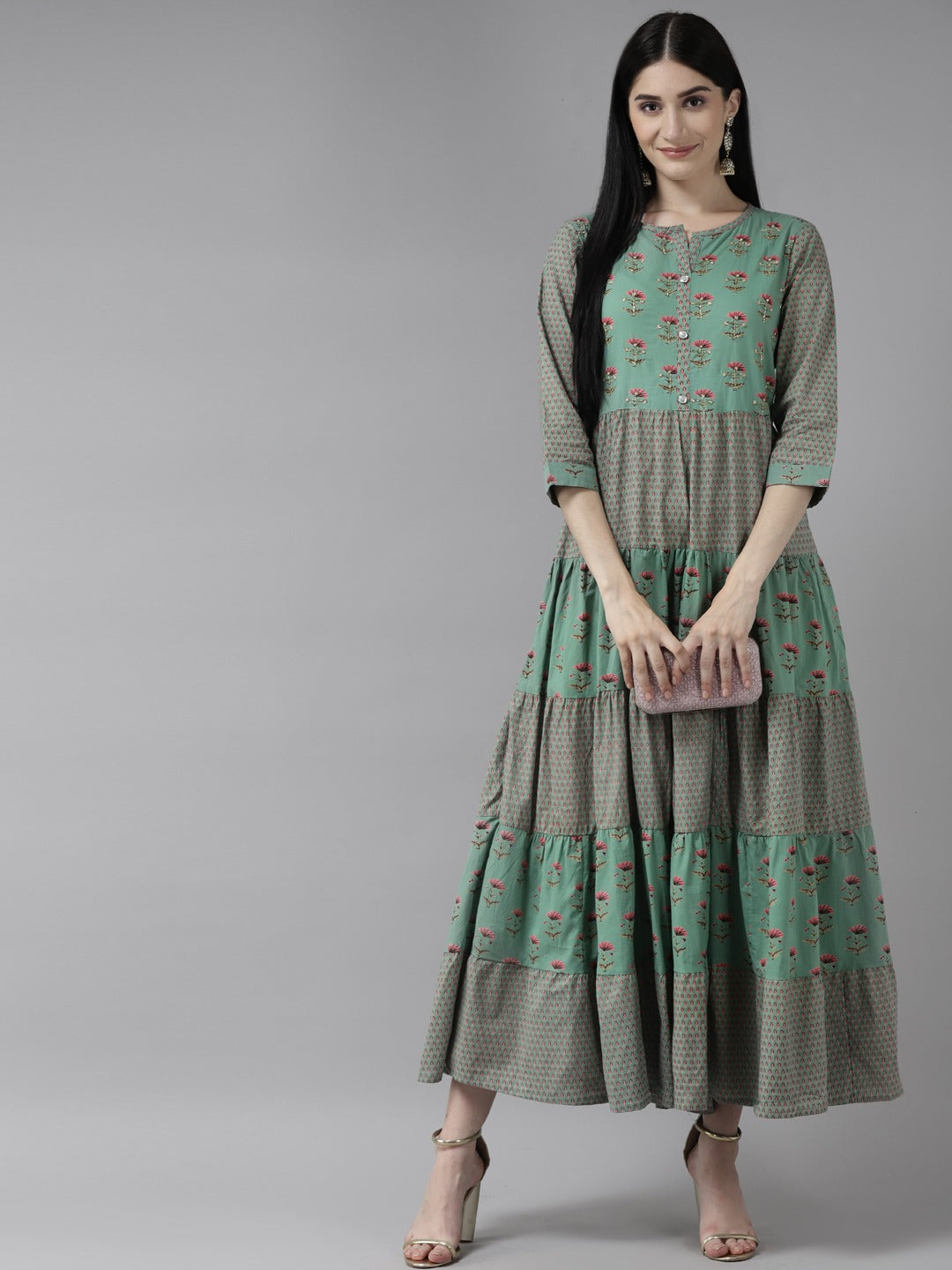 Green Floral Maxi Dress-Yufta Store-2806DRSGRS