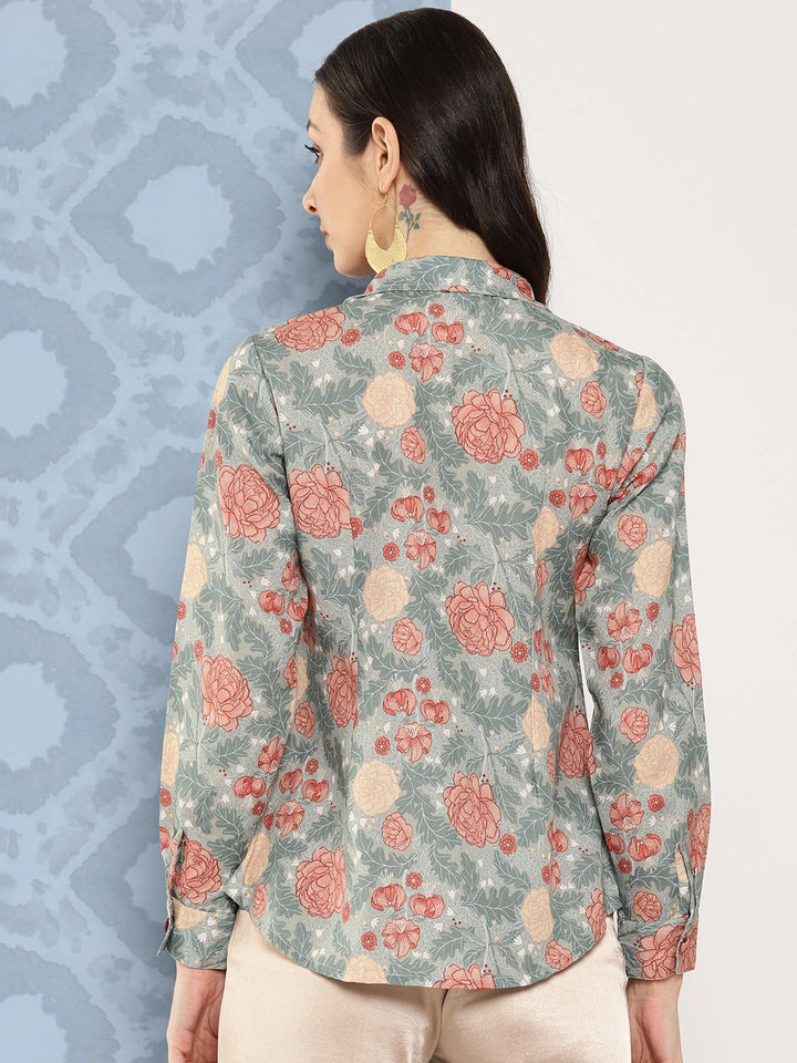 Green Floral Opaque Printed Casual Shirt-Yufta Store-1419TOPGRS