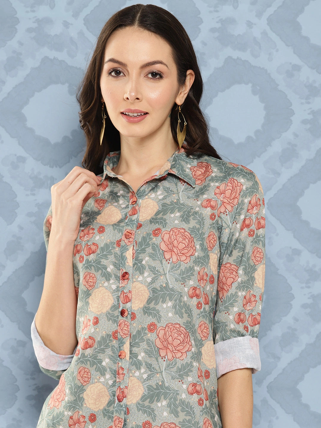 Green Floral Opaque Printed Casual Shirt-Yufta Store-1419TOPGRS