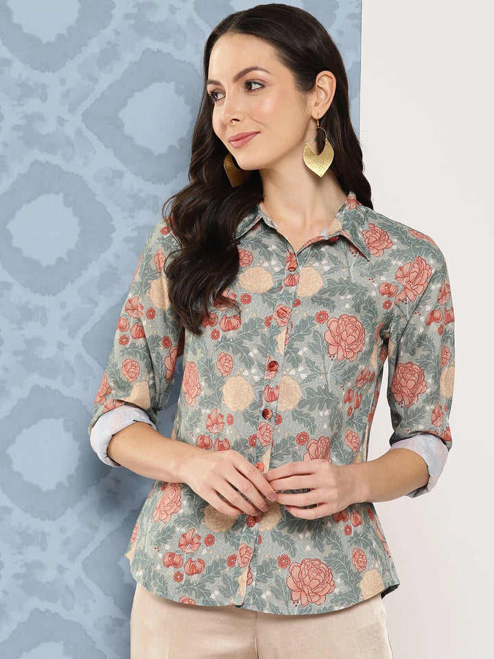Green Floral Opaque Printed Casual Shirt-Yufta Store-1419TOPGRS