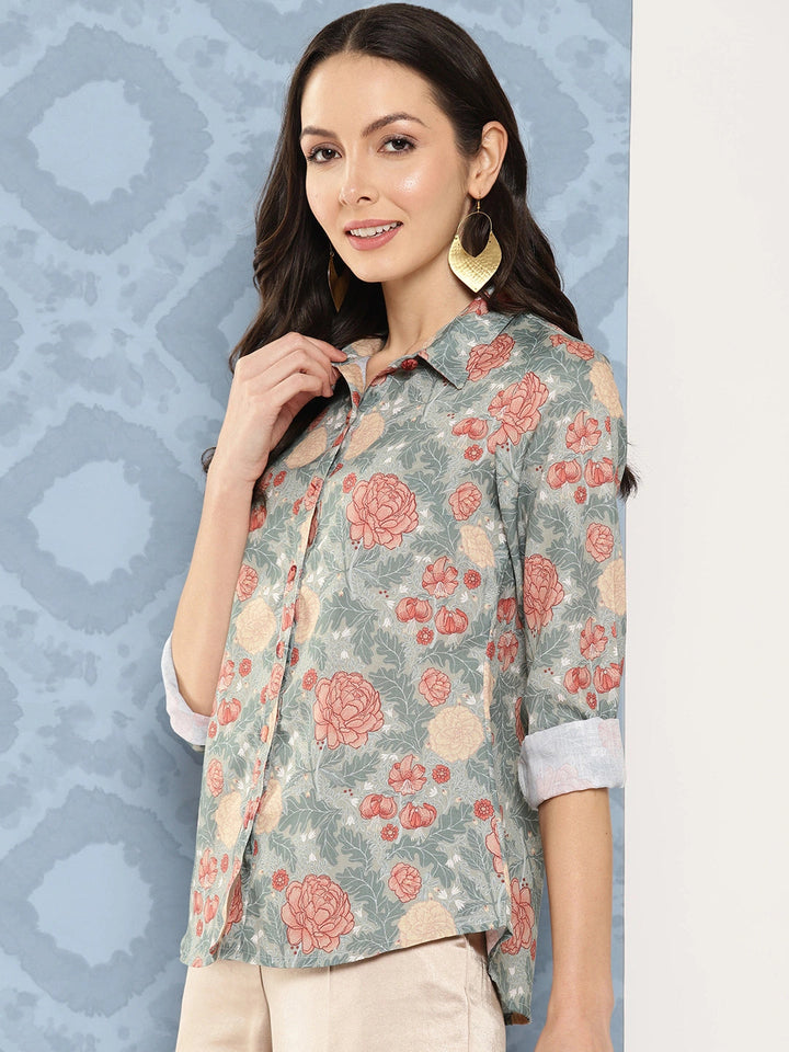 Green Floral Opaque Printed Casual Shirt-Yufta Store-1419TOPGRS