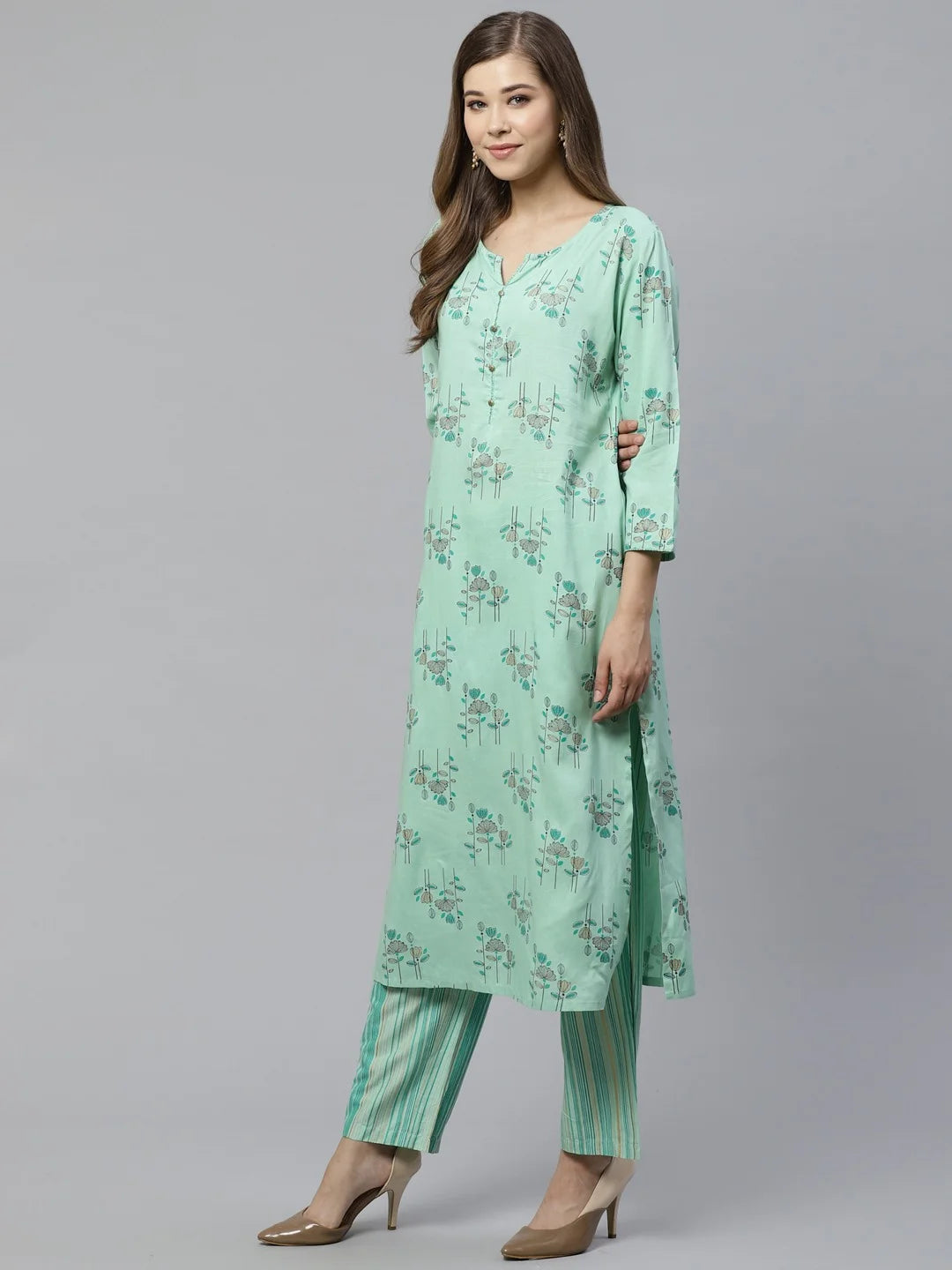 Green Floral Print Kurta Set-Yufta Store-7481SETGRS