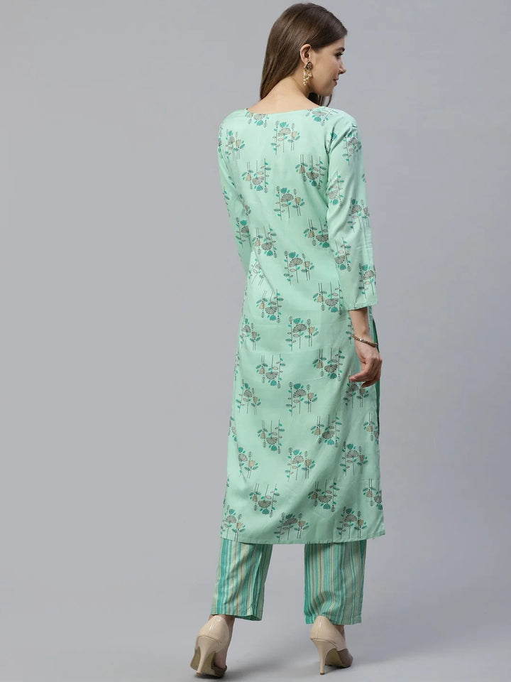 Green Floral Print Kurta Set-Yufta Store-7481SETGRS