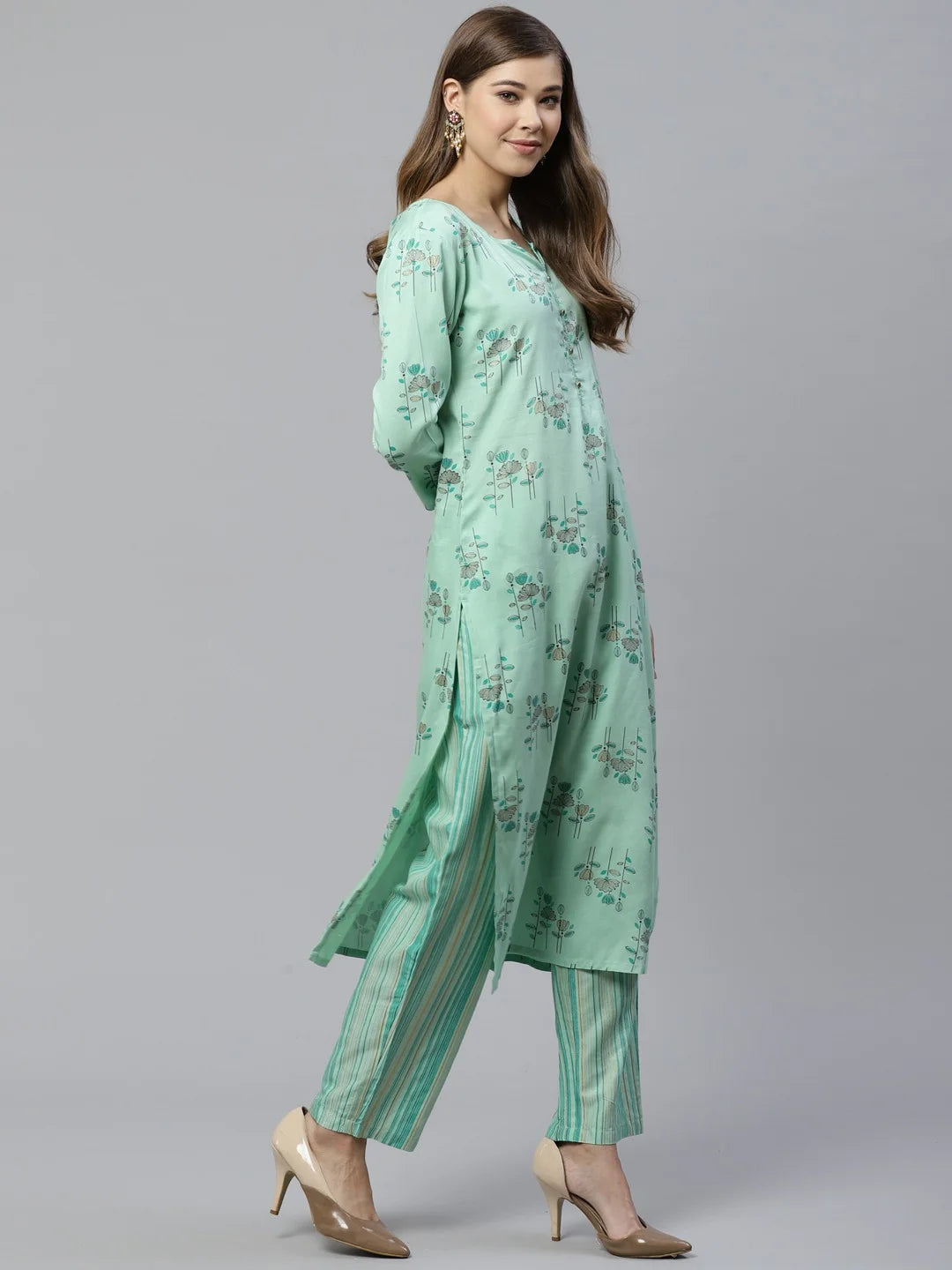 Green Floral Print Kurta Set-Yufta Store-7481SETGRS