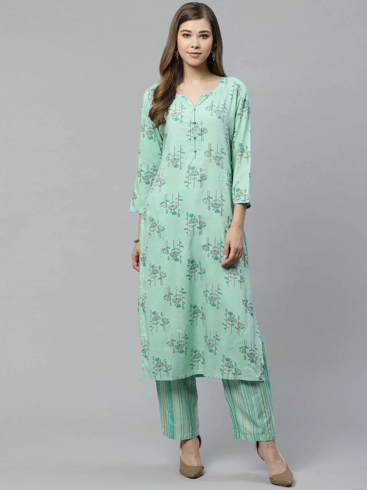 Green Floral Print Kurta Set-Yufta Store-7481SETGRS