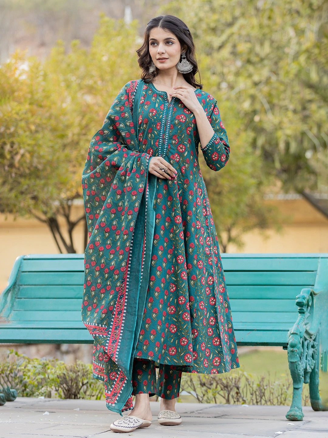 Green Floral Print Mirror_Work Anarkali Kurta Trouser And Dupatta Set-Yufta Store-1745SKDGRS