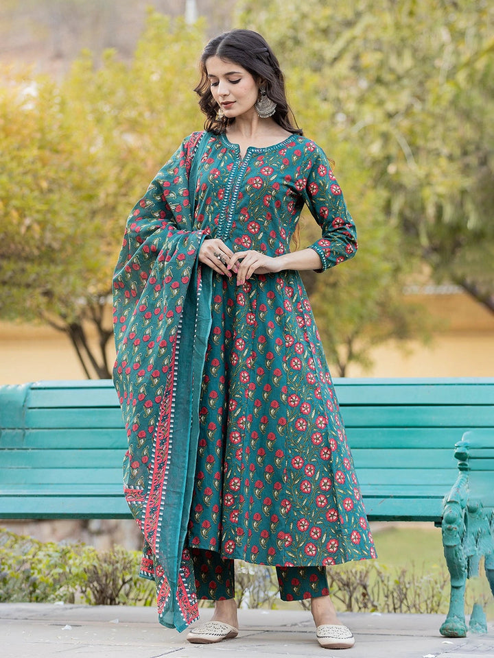 Green Floral Print Mirror_Work Anarkali Kurta Trouser And Dupatta Set-Yufta Store-1745SKDGRS