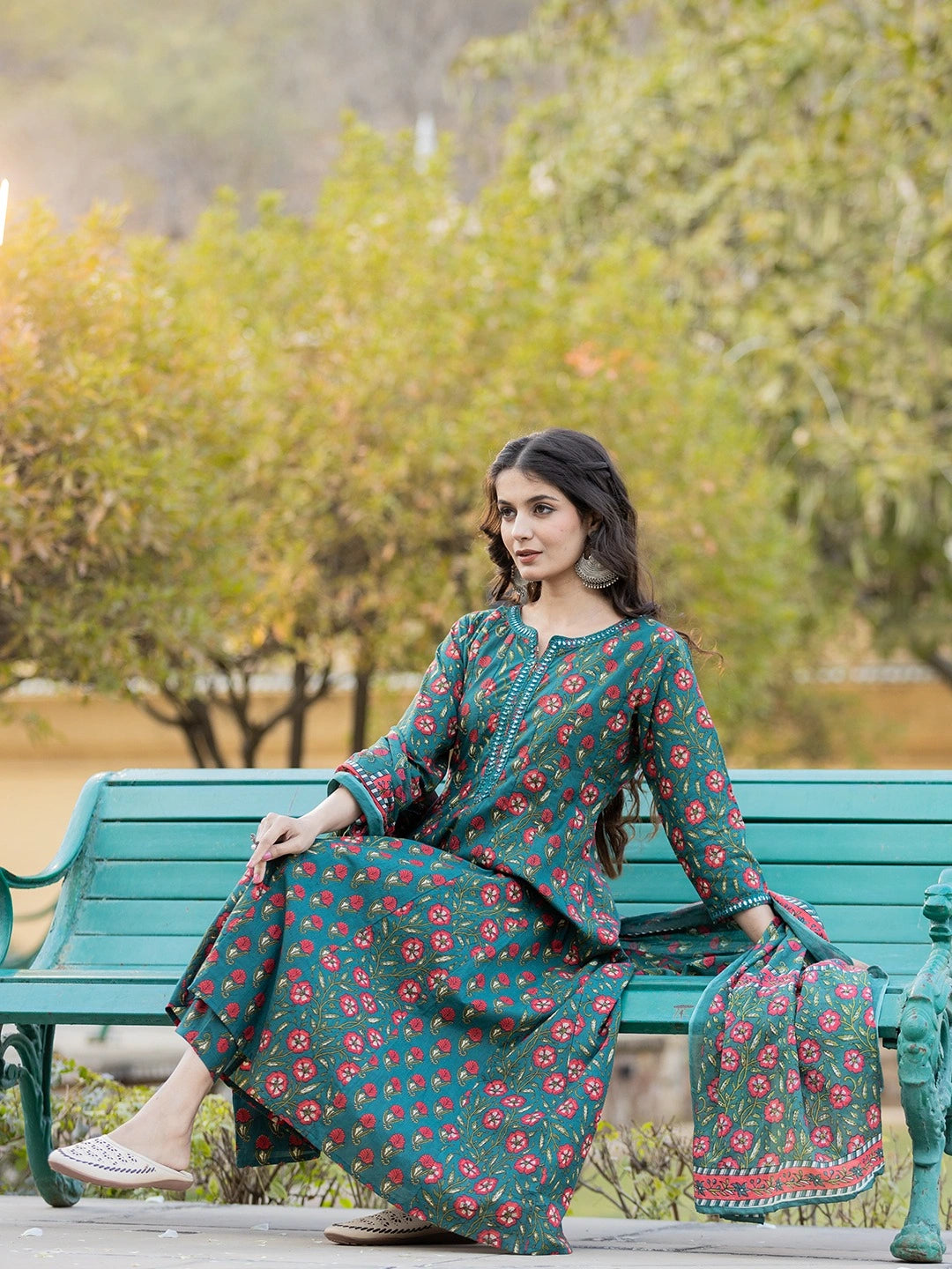 Green Floral Print Mirror_Work Anarkali Kurta Trouser And Dupatta Set-Yufta Store-1745SKDGRS