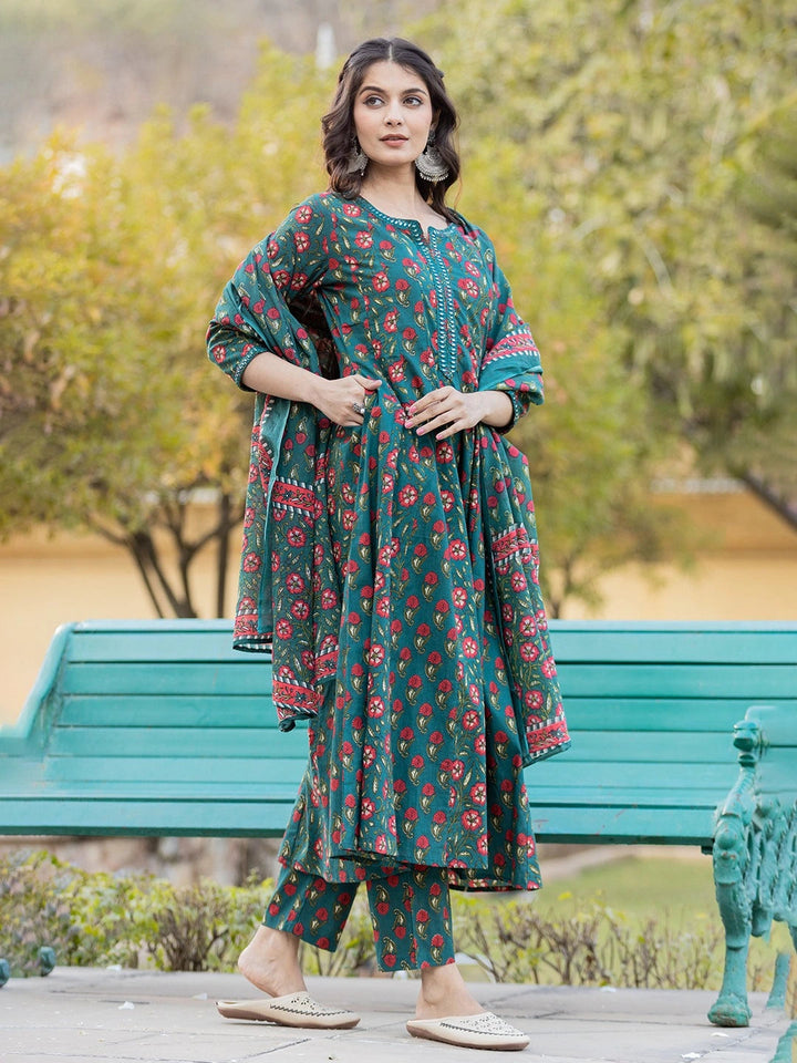 Green Floral Print Mirror_Work Anarkali Kurta Trouser And Dupatta Set-Yufta Store-1745SKDGRS