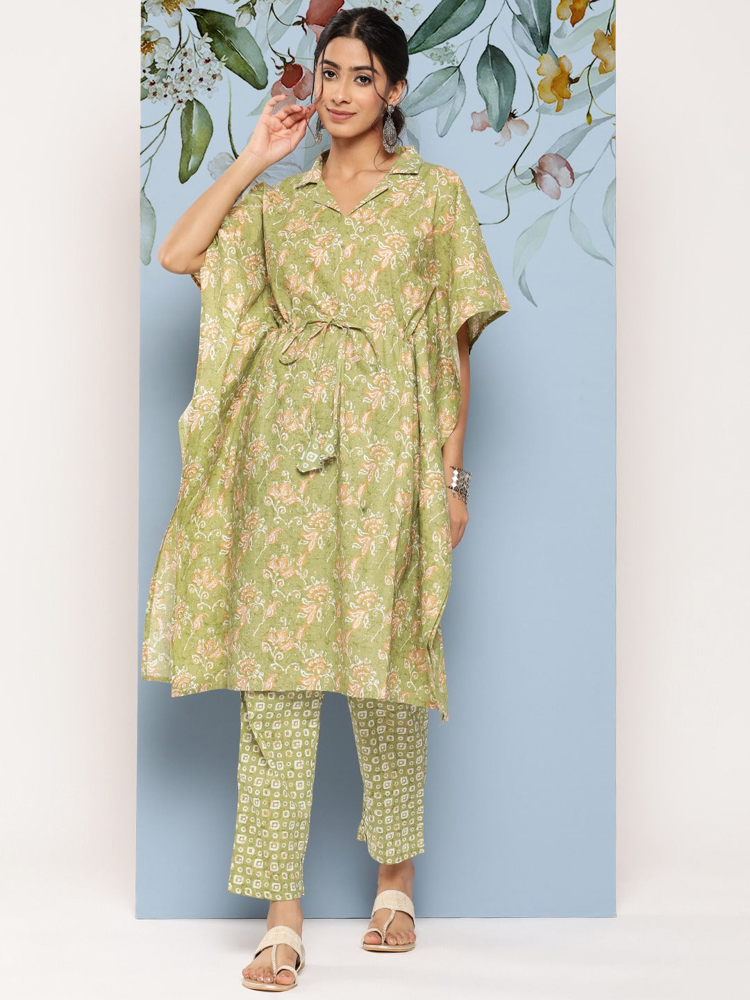 Green Floral Print Regular Pure Cotton Kaftan With Trousers-Yufta Store-8512CRDGRS