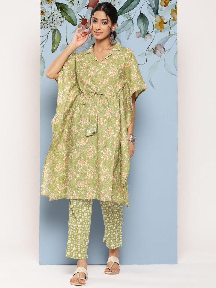 Green Floral Print Regular Pure Cotton Kaftan With Trousers-Yufta Store-8512CRDGRS