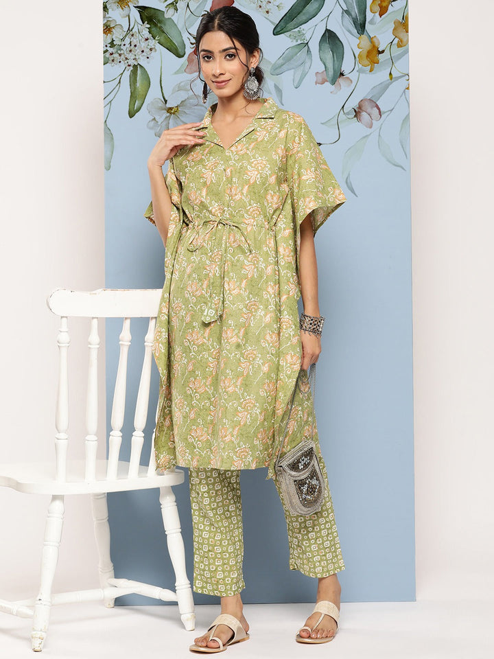 Green Floral Print Regular Pure Cotton Kaftan With Trousers-Yufta Store-8512CRDGRS