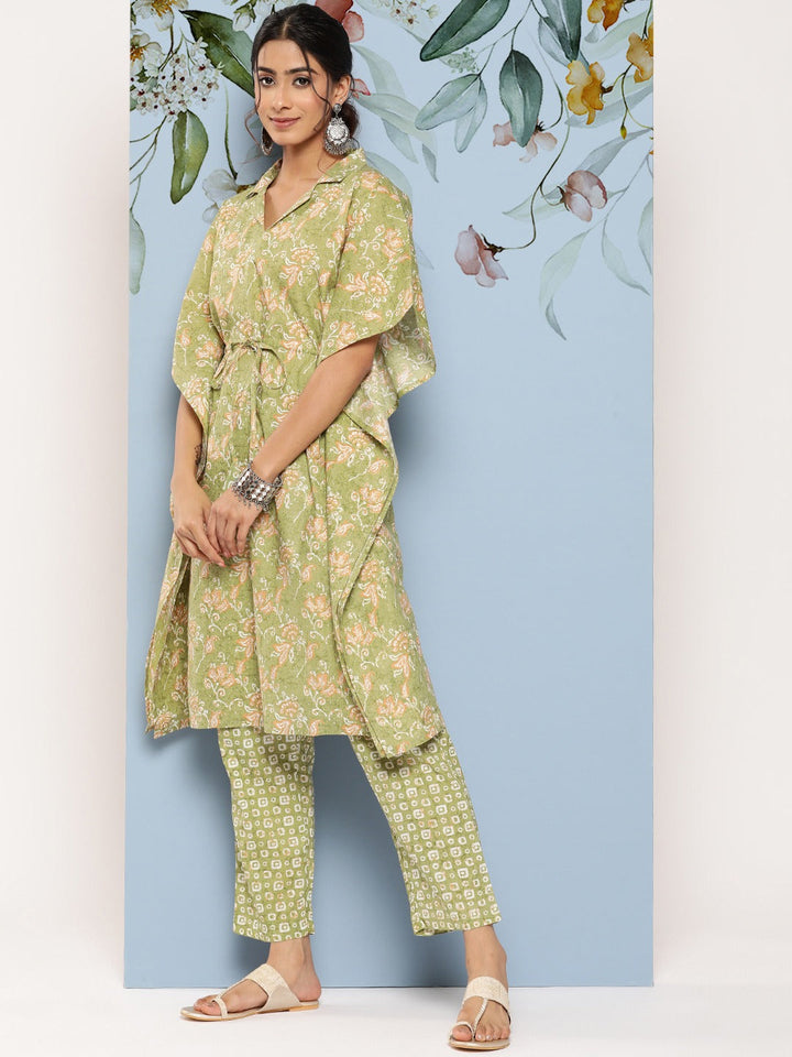 Green Floral Print Regular Pure Cotton Kaftan With Trousers-Yufta Store-8512CRDGRS
