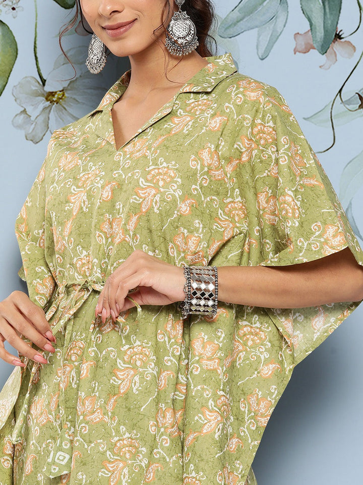 Green Floral Print Regular Pure Cotton Kaftan With Trousers-Yufta Store-8512CRDGRS