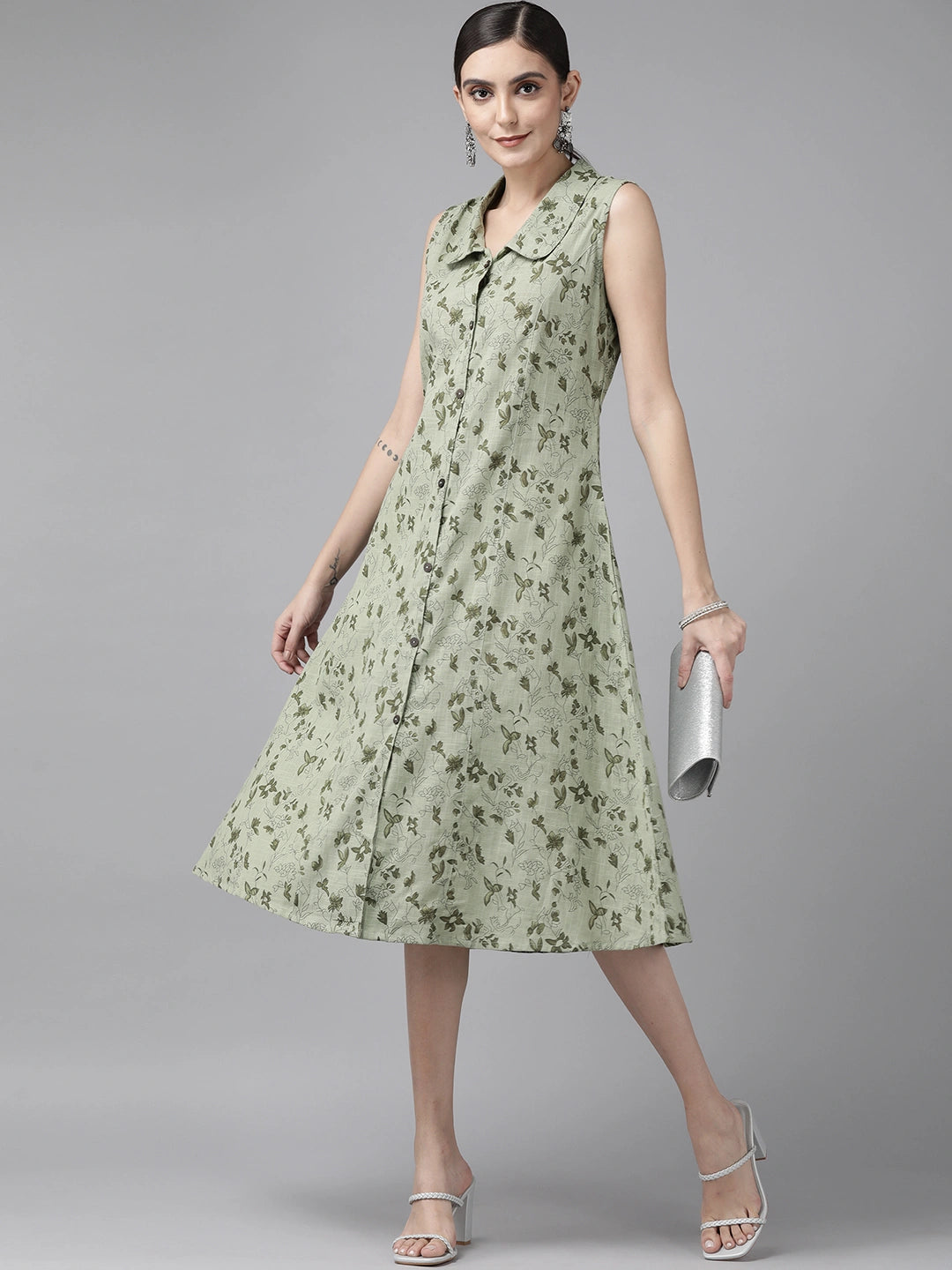 Green Floral Print Shirt Midi Dress-Yufta Store-9708DRSOLS