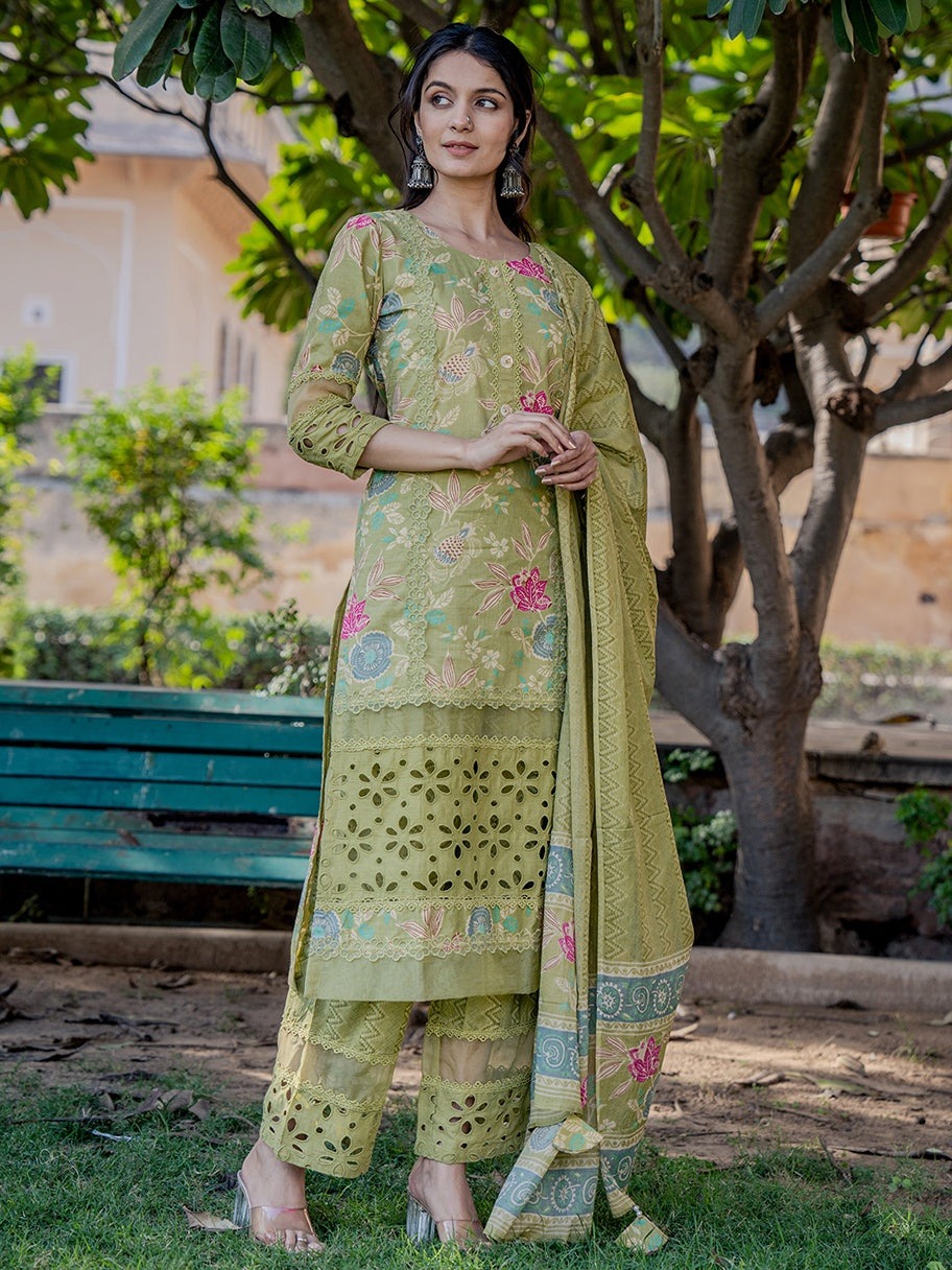 Green Floral Print,Less Kurta Cotton Kurta Dupatta Set-Yufta Store-6801SKDGRS