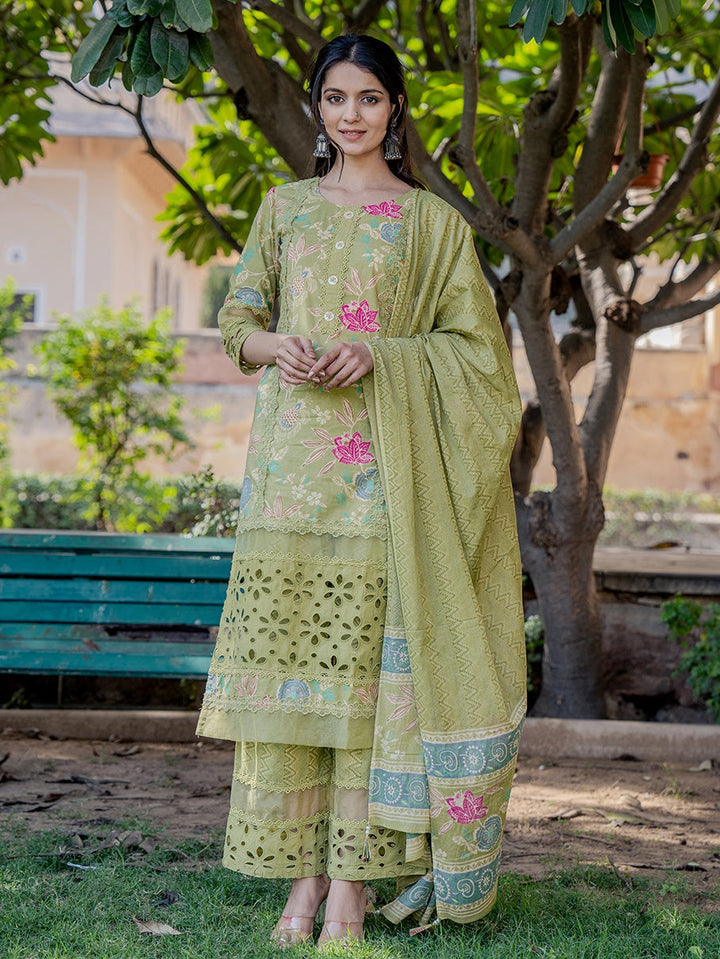 Green Floral Print,Less Kurta Cotton Kurta Dupatta Set-Yufta Store-6801SKDGRS