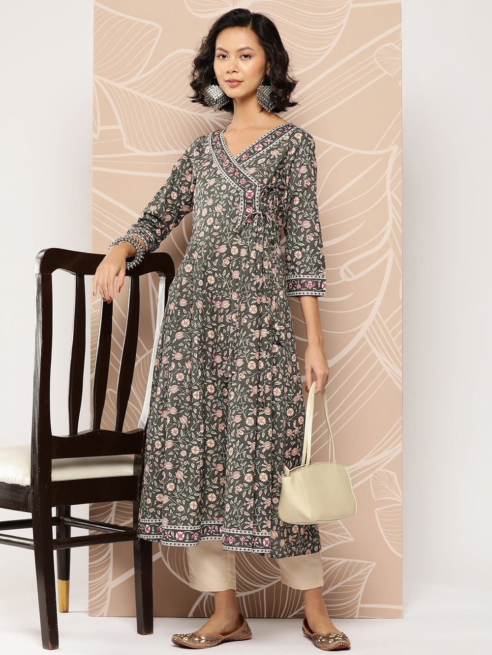 Green Floral Printed Angrakha Cotton Kurta