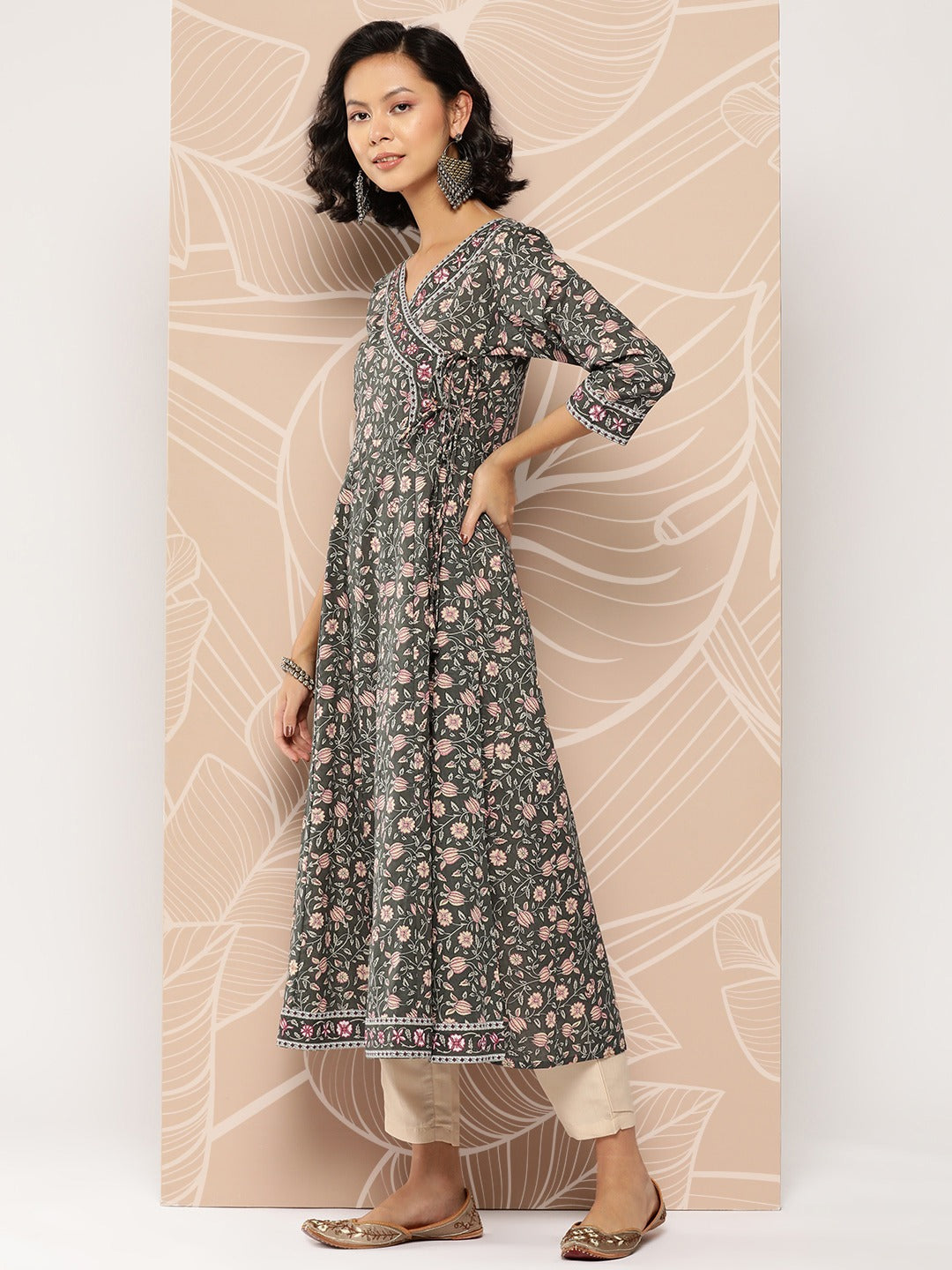 Green Floral Printed Angrakha Cotton Kurta-Yufta Store-1155KURMLTS