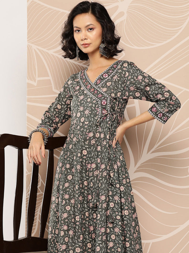 Green Floral Printed Angrakha Cotton Kurta-Yufta Store-1155KURMLTS