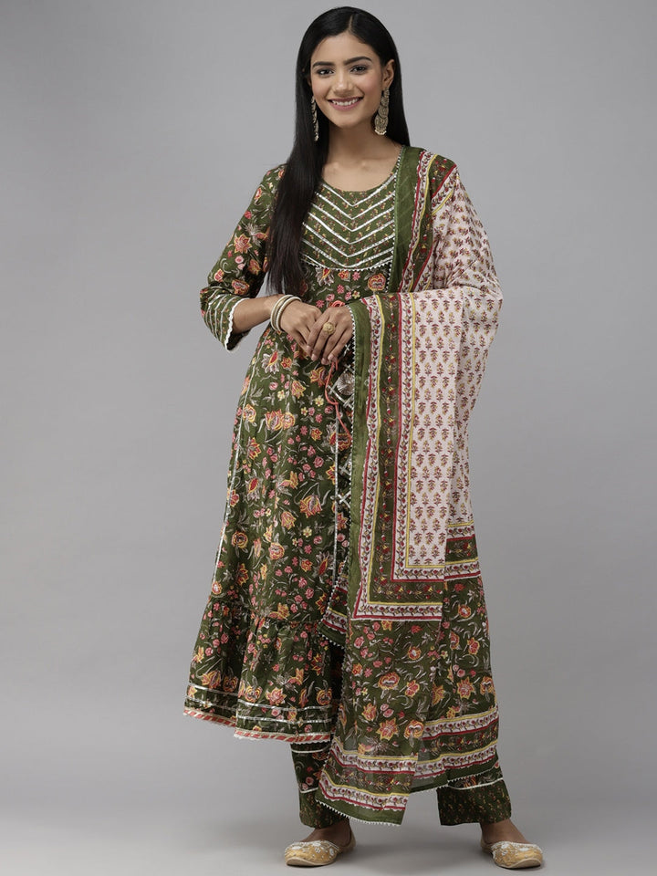 Green Floral Printed Dupatta Set-Yufta Store-2123SKDGRS