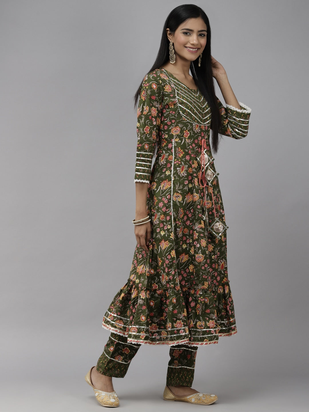 Green Floral Printed Dupatta Set-Yufta Store-2123SKDGRS