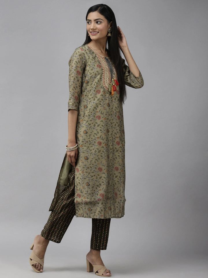 Green Floral Printed Dupatta Set-Yufta Store-2334SKDGRS