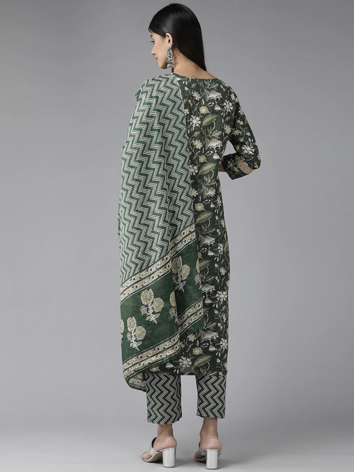 Green Floral Printed Kurta Dupatta Set-Yufta Store-1120SKDGRS