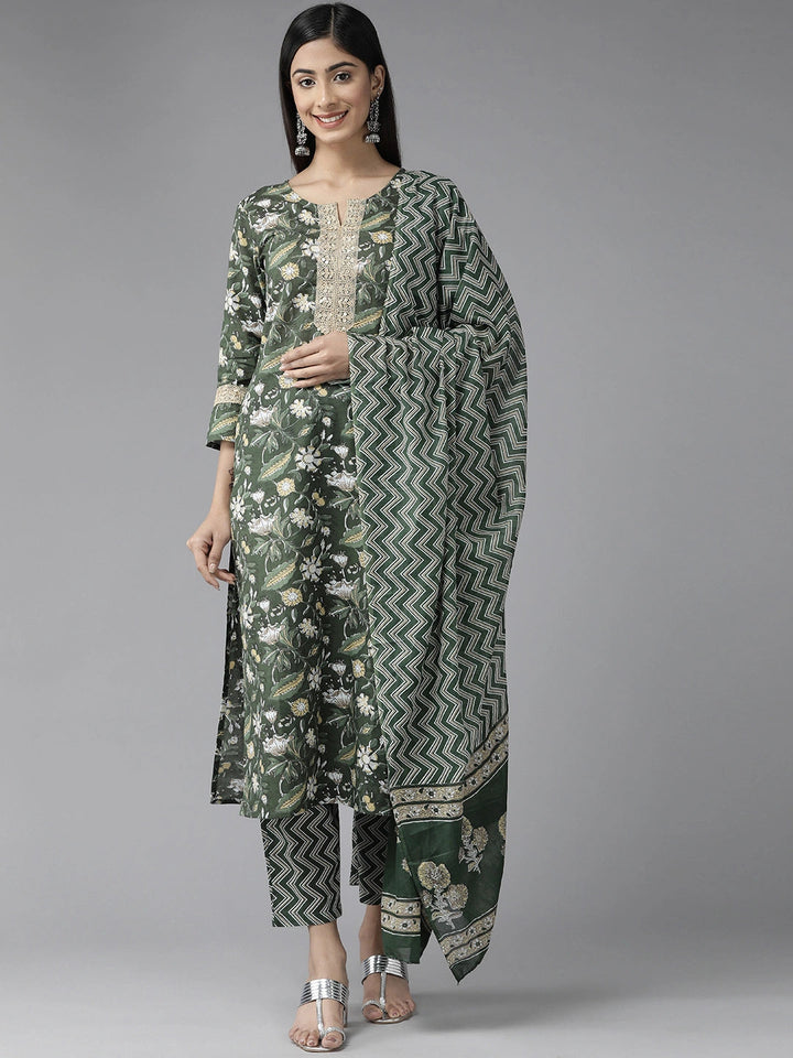 Green Floral Printed Kurta Dupatta Set