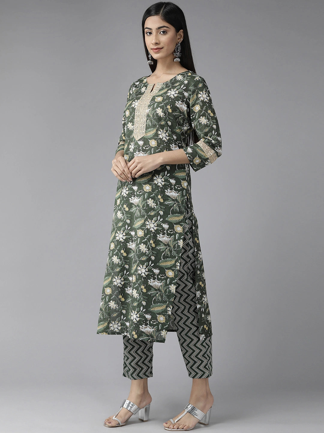 Green Floral Printed Kurta Dupatta Set