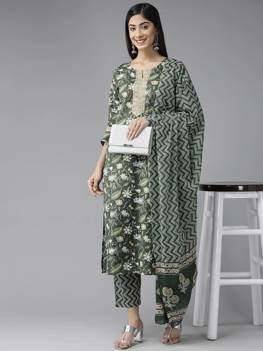 Green Floral Printed Kurta Dupatta Set