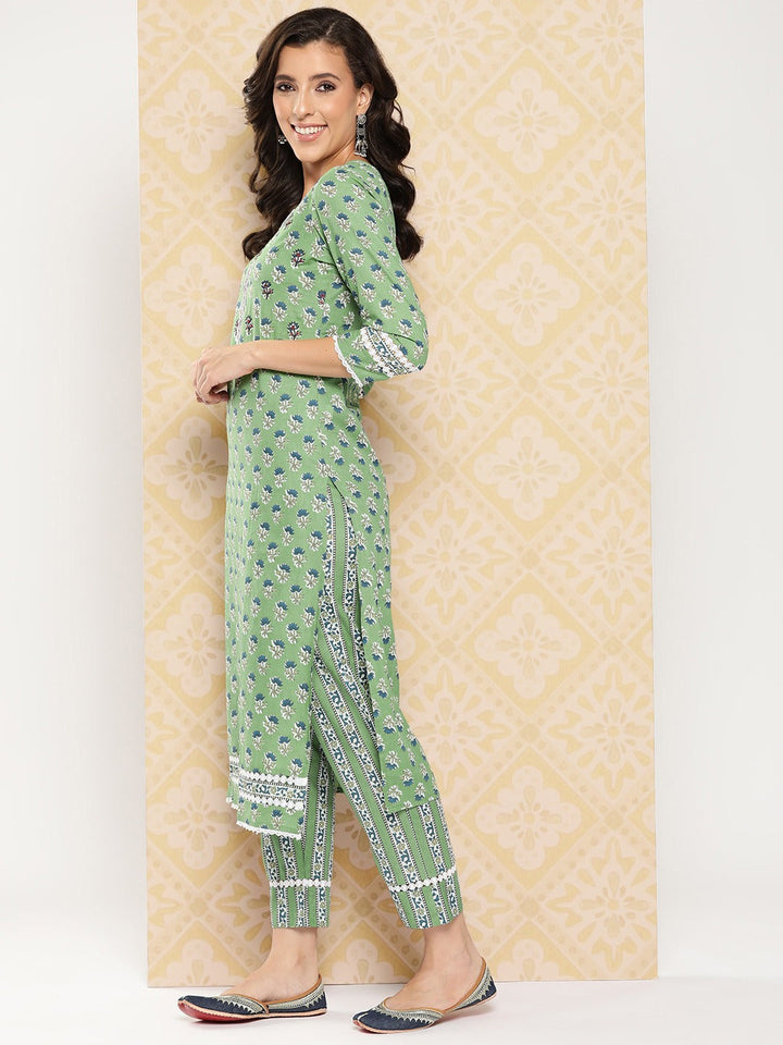Green Floral Printed Pure Cotton Kurta With Trouser And Dupatta-Yufta Store-1378SKDGRS