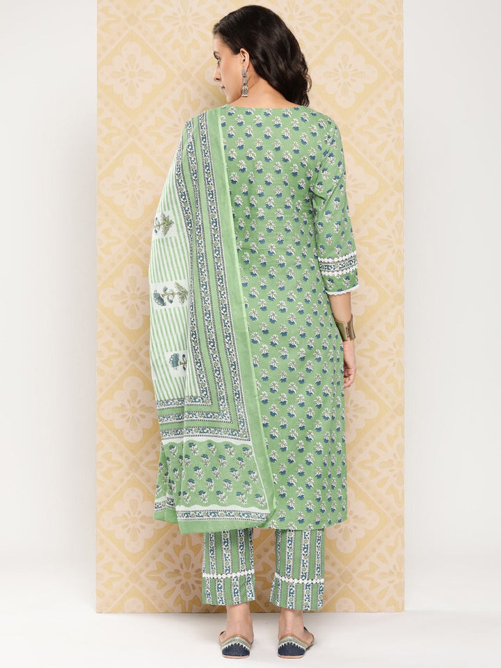 Green Floral Printed Pure Cotton Kurta With Trouser And Dupatta-Yufta Store-1378SKDGRS