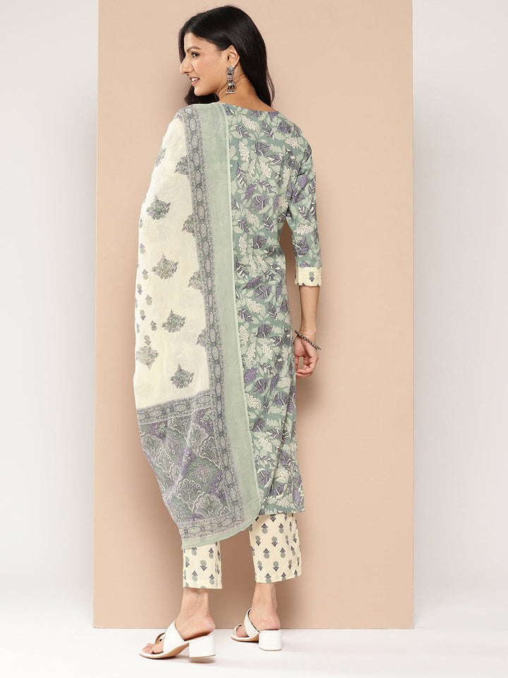 Green Floral Printed Regular Pure Cotton Kurta with Trousers & With Dupatta-Yufta Store-1254SKDGRS
