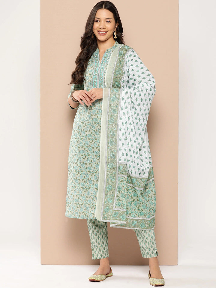 Green Floral Printed Regular Pure Cotton Kurta with Trousers & With Dupatta