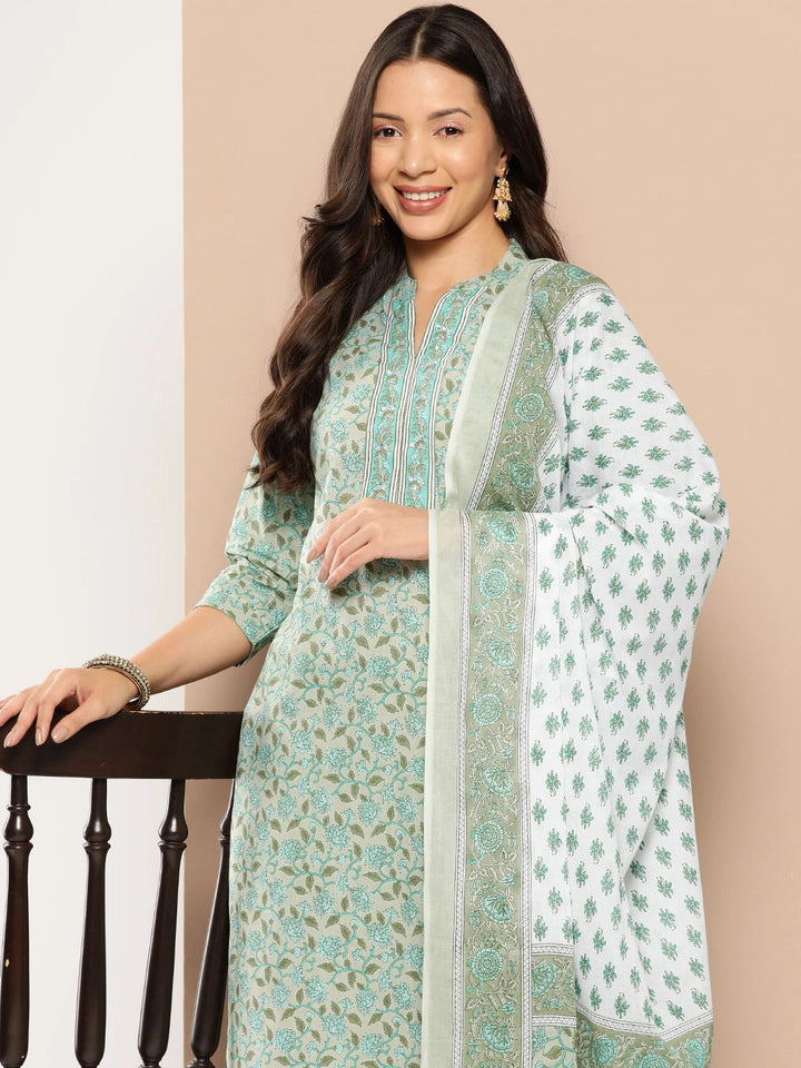 Green Floral Printed Regular Pure Cotton Kurta with Trousers & With Dupatta-Yufta Store-1366SKDGRS