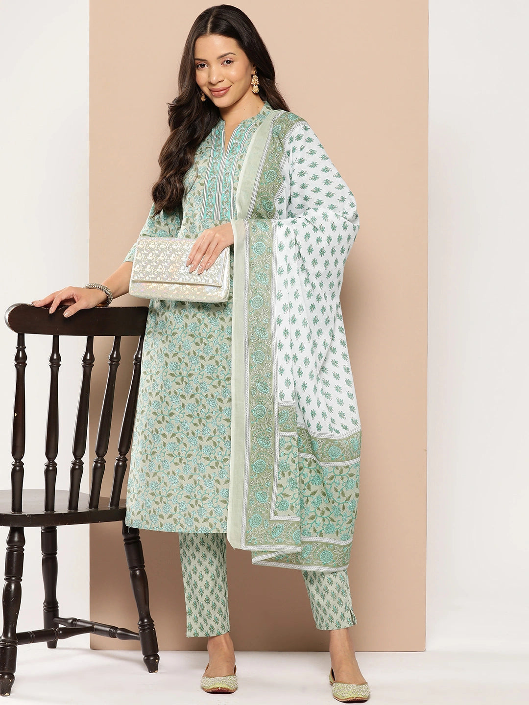 Green Floral Printed Regular Pure Cotton Kurta with Trousers & With Dupatta-Yufta Store-1366SKDGRS
