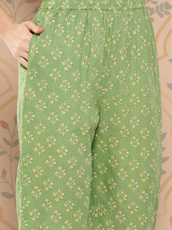 Green Floral Printed Regular Sequinned Pure Cotton Kurta Set-Yufta Store-1341SKDGRS